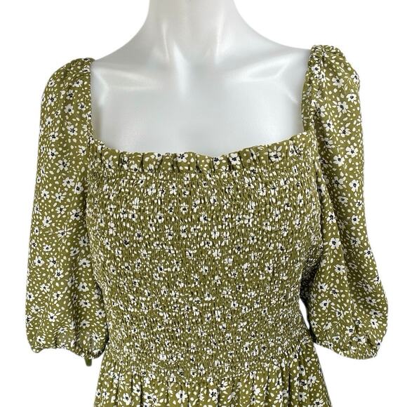 Ann Taylor Green Floral Short Sleeve Smocked Ruffle Tiered Maxi A-Line Dress 8 - Picture 3 of 5